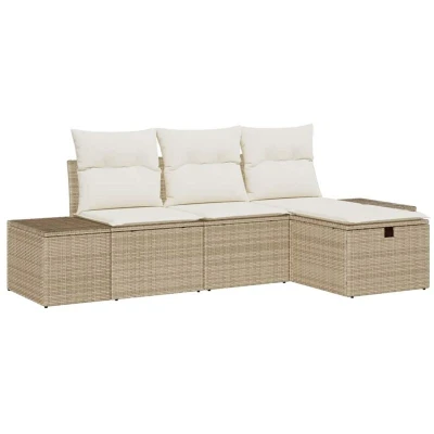 Image of vidaXL 4 Piece Garden Sofa Set with Cushions Beige Poly Rattan