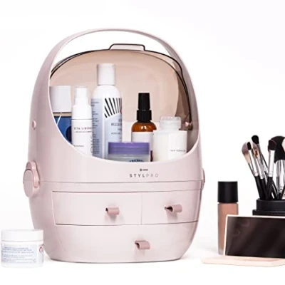 Image of STYLPRO Beauty Storage Podlette, Cosmetics &amp; Skincare Organiser with 3 Drawers, Detachable Lid, Dustproof Cover Travel Handle for Dresser, Bedroom, Bathroom Home Organisation, Rose 25x23x32cm