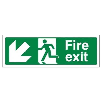 Image of V Safety Fire Exit Arrow Down Left Sign Landscape 300mm x 100mm 2mm Rigid Plastic