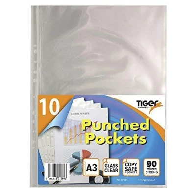 Image of 100 x Portrait A3 Glass Clear Plastic Wallets Strong Art Poly Punched Pockets