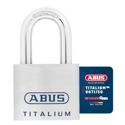 Image of ABUS Titalium padlock 96TI/50 lightweight lock body made of solid special aluminum basement with reversible key Security level 8 silver
