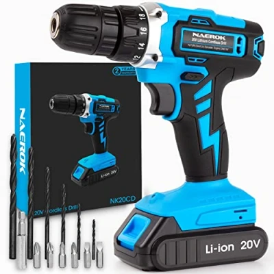 Image of Naerok Cordless Drill Driver 20V Li Ion 1HR Fast Charge Battery, 13Pc Electric Screwdriver Set, LED Work Light, Quick Change Power Battery and Charger Included