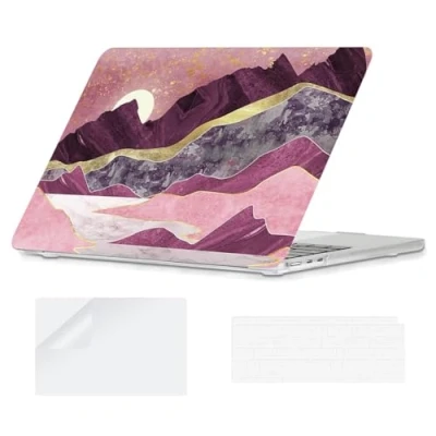 Image of YOPAS Case Compatible with MacBook Air 13.6 inch 2024 2022 Release A3113 A2681, Plastic Pattern M2 M3 13 Keyboard Cover&amp;Screen Protector, Pink Mountains