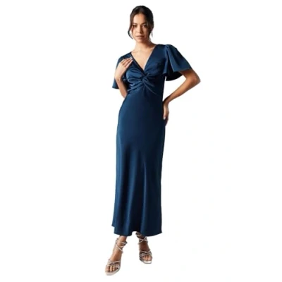 Image of Oasis Womens Satin Twist Front Angel Sleeve Midi Bridesmaids Dress Navy Size 10 UK