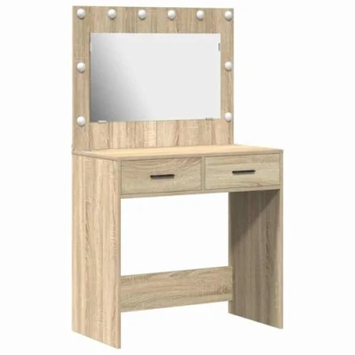 Image of vidaXL modern sonoma oak dressing table versatile engineered wood vanity with drawers, mirror &amp; matte finish for bedroom, room durable home workspace furniture