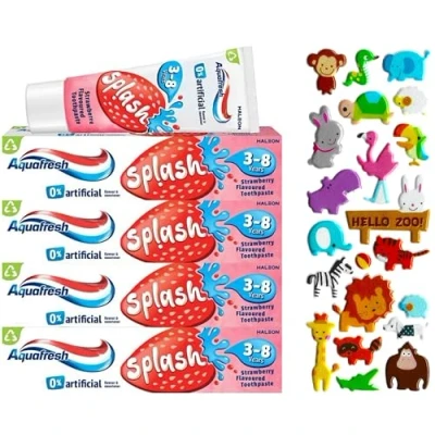Image of 4 Pack Bundle Multipack Aquafresh Splash Toothpaste 3 8 Years Strawberry 50ml Pack. A Hadco with Our Free Puffy Sticker Sheet (Sticker Sheets are Selected at Random) Kids Toothpaste.