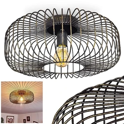 Image of Wemude Ceiling Light, Round Metal lamp in Black/Gold, 1 Flame, E27 Socket, Retro Light with Lattice Effect, Bulbs not Included