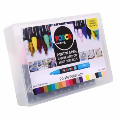 Image of POSCA PC 1M Permanent Marker Paint Pens. Extra Fine Tip for Art &amp; Crafts. Multi Surface Use On Wood Metal Paper Canvas Cardboard Glass Fabric Ceramic Rock Pebble Stone Porcelain. Set of 22 Colours