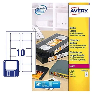 Image of Avery L7666 25 Printable, customisable Diskette/Floppy Disk Data Storage Labels, 10 Labels Per A4 Sheet, White