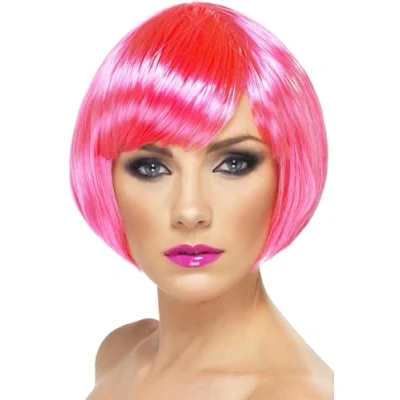 Image of Smiffys Babe Wig, Neon Pink Short Bob with Fringe, Ladies Glamour Wigs Fancy Dress, Adult Dress Up