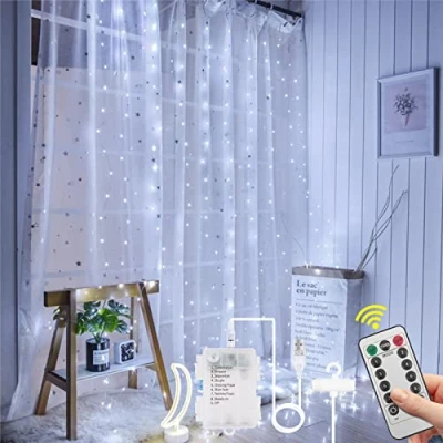 Image of Aomig LED Curtain Lights, 3mx3m 300LED Fairy 8 Modes Remote Control Timer Adjustable Brightness,Waterproof Window String Lights USB &amp; Battery Powered for Bedroom Party(Cold White)