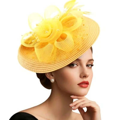 Image of DRESHOW Mesh Flower with Pearl Feather Fascinators Hat on a Headband and Forked Clip Cocktail Tea Party Headwear for Girls &amp; Women Noble Kentucky