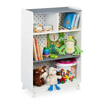 Image of Relaxdays Children’s Toys &amp; Books, HxWxD: 90x60x30 cm, 4 Compartments, Girls Boys, Shelves, White/Grey, Fibreboard