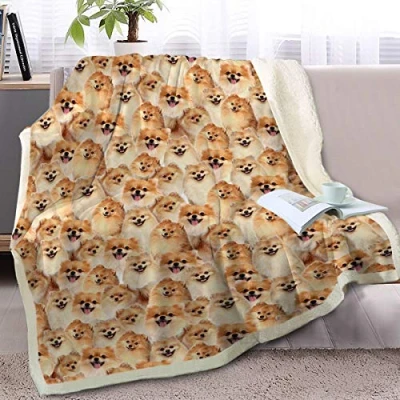 Image of BlessLiving Fuzzy Dogs Blanket For Kids Adults Cute Puppy Fleece Reversible Animal Pattern Sherpa Throw Twin/Double (Pomeranian,150x200cm)