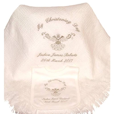 Image of Baby’s Personalised Christening/Baptism/Naming Day Guardian Angel Shawl &amp; Bib Set (Silver)
