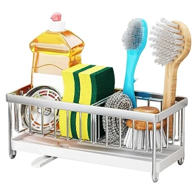 Image of Kitchen Sink Caddy, Stainless Steel Sponge Holder with Removable Drain Tray &amp; Drainage, Organiser Tidy Rack Adjustable Compartment, Countertop for