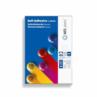 Image of MDlabels Universal 24 Labels DIN A4 (70 x 37 mm, 2400 on 100 Sheets) Adhesive Matte Paper Printable White