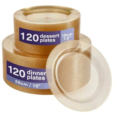 Image of MATANA 240 Premium Clear Plastic Plates with Gold Glitter 120 26cm Dinner Plates, 19cm Dessert Elegant &amp; Reusable Party for Weddings, Birthdays, BBQ, Christmas, Parties