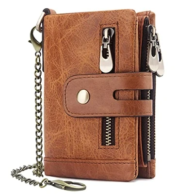 Image of REETEE Mens Wallet RFID Blocking Men&#039;s Genuine Leather and Zipper Coin Pocket Bifold Purse with Chain 16 Credit Card Holder Gents Wallets Slim (Light Brown)