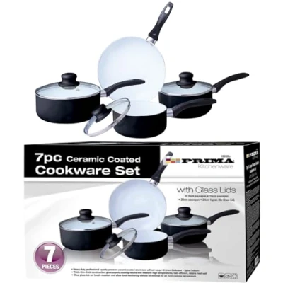 Image of 7 Pcs Prima Ceramic Coated Aluminium Black Cookware Set Non Stick Saucepan with Glass Lid Pot Home Kitchen Chef Healthy Food Cooker Frying Pan Frypan 16182024cm UK Free P&amp;P