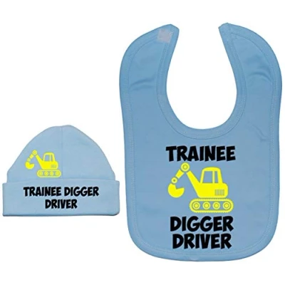 Image of Acce Products Trainee Digger Driver Baby Feeding Bib &amp; Beanie Hat 6 12 Months Blue