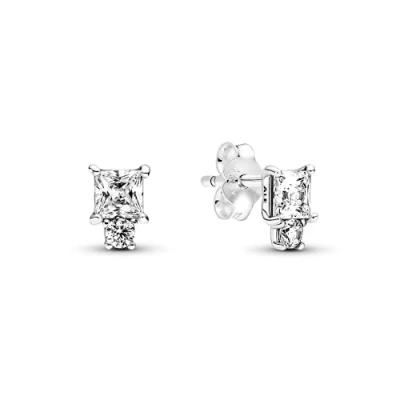 Image of Pandora Timeless Sparkling Round and Square Sterling silver stud earrings with clear zirconia