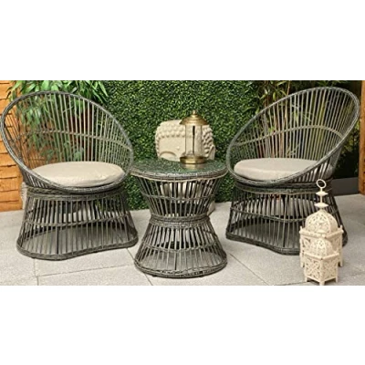 Image of Maison and Garden 2 Seater Rattan Cushioned Bistro Set Chairs with 1 Round Table Indoor Outdoor Grey/Beige Colour