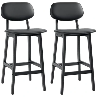 Image of HOMCOM Bar Stools Set of 2, Contemporary Breakfast Chairs, Faux Leather Upholstered Kitchen with Backs and Solid Wood Legs, Black