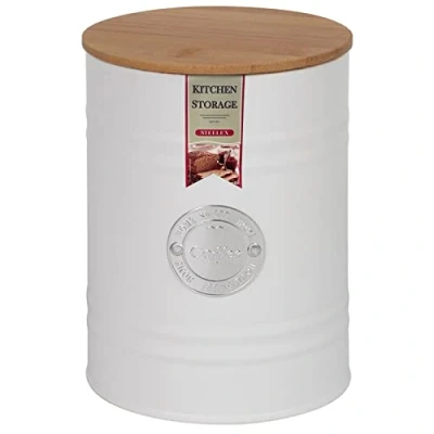 Image of STEELEX Coffee Canister with Wooden Lid Airtight Storage Jar Kitchen Metal Containers Tin for Food Storage, Matte Finish (Coffee White)