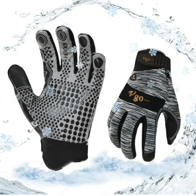Image of Vgo... 0℃/32F Winter Synthetic Leather Work Gloves, Cold Weather Waterproof Safety Gloves,Cold Storage or Freezer Use, warm polar fleece Lining 1Pair SL7895FLWP(Grey,M)