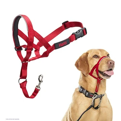 Image of HALTI Headcollar Size 3 Red, UK Bestselling Dog Head Harness to Stop Pulling on the Lead, Easy Use, Padded Nose Band, Adjustable &amp; Reflective, Professional Anti Pull Training Aid for Medium Dogs