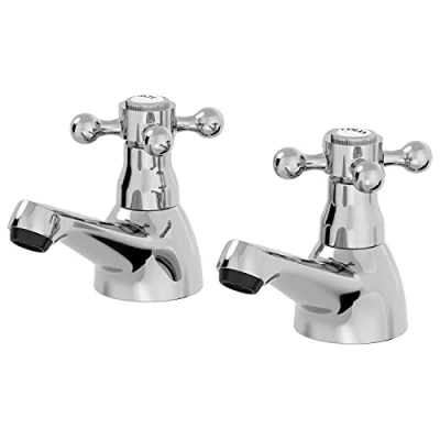 Image of Park Lane® Oxford Bathroom Bath Pillar Tap Set Pair Round Single Crosshead Handle for Bathtub Traditional, Chrome