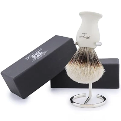 Image of Haryali London Shaving Kit 2 Pc Silvertip Badger Brush Stainless Steel Stand Elegant Design with Ivory Color Set