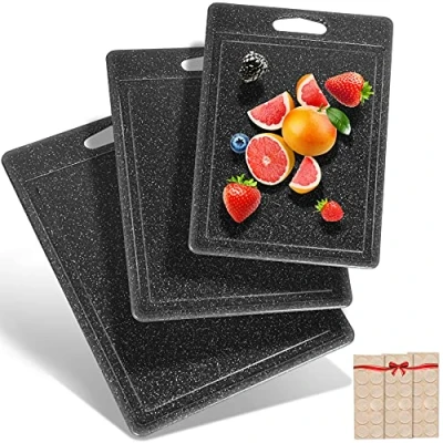 Image of DIFULI Chopping Board Set, 3 Plastic with Non Slip Feet and Juice Grooves, BPA Free, Easy Grip Handle, Dishwasher Safe Cutting Boards, Black Boards for Kitchens