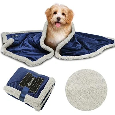 Image of Pet Sherpa Fluffy Fleece Blankets, Washable Cosy Warm Plush Puppy Blankets for Small Dog Cat Kitten Double Thickness Throws, 114 x 76 cm, Blue