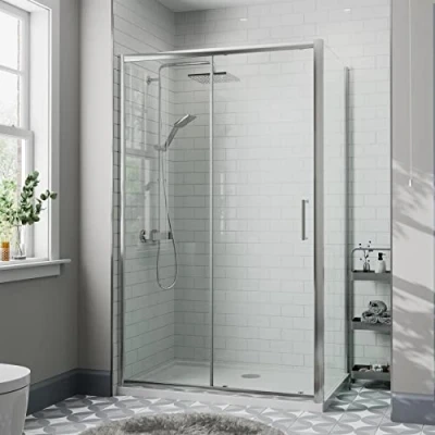 Image of Diamond® 1400 x 800mm Sliding Shower Enclosure Door Screen for Wet Room Cubicle Enclosures, 8mm Toughened Safety Glass, Framed, Polished Chrome