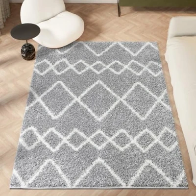 Image of homeart Area Rug Super Soft Geometric Shaggy Rugs For The Living Rooms, Bedrooms And Kitchen Modern, Easy To Clean Carpet(Herringbone Grey Ivory 80x150 cm)