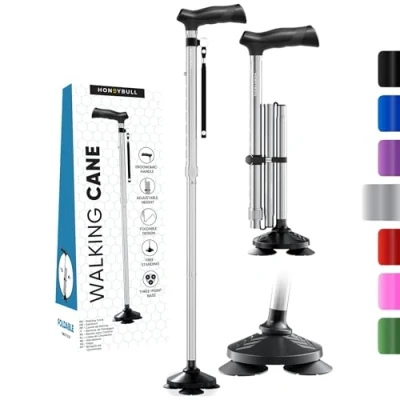 Image of HONEYBULL Walking Stick for Men &amp; Women Foldable, Adjustable, Collapsible, Free Standing Cane, Pivot Tip, Heavy Duty, with Travel Bag Folding Canes Seniors Adults (Silver)