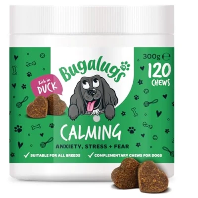 Image of BUGALUGS calming treats for dogs Stress, Separation, Aggression, Travel, Barking &amp; dog Anxiety Relief supplements alternative to tablets