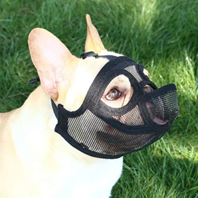 Image of Short Snout Dog Muzzle Adjustable Breathable Mesh Bulldog Muzzle, Mask for Barking Biting Chewing Training (Size S)