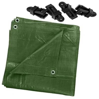 Image of 2 x 3 m Tarpaulin Waterproof Heavy Duty Cover Camping Ground Sheet Caravan Furniture Multipurpose + 4 Tarp Clips (Green 90 GSM)