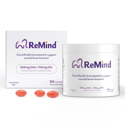Image of Remind Brain Health Supplements Patented Formula to Support Normal Function Contains Lutein, Meso Zeaxanthin, Omega 3 and Vitamin E 90 Capsules, 1 Month Supply