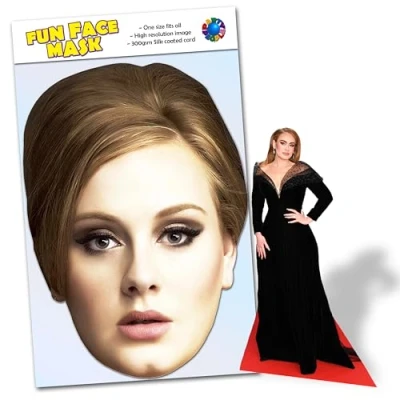 Image of Party People 1 x Adele Ready To Wear Celebrity Face Mask Includes Freestanding 20cm Desktop Standee Card Cutout