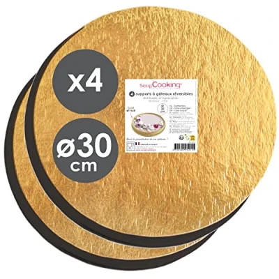 Image of ScrapCooking 5215 Set of 4 Round Cake Stands, Diameter 30 cm Reversible Gold &amp; Black Cardboard Large XXL Tray Under Pastry Disc Board Made in France