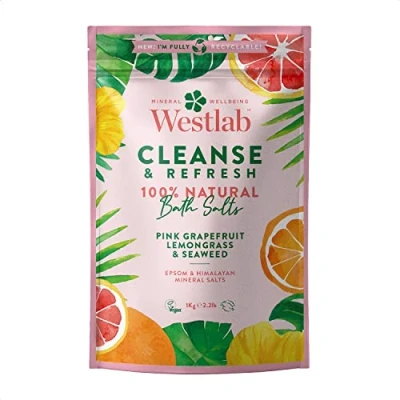 Image of Westlab 1kg Cleanse Epsom &amp; Himalayan Salts Infused with Lemongrass Pink Grapefruit Perfect for Muscle soaks Resealable Pouch