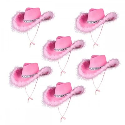 Image of 6 x Pink Cowgirl Hat with Sequins &amp; Marabou Feather Adult Wild West Hen Night Rodeo Ladies Womens Fancy Dress Accessory