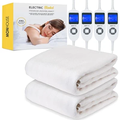 Image of MONHOUSE Premium Soft Fleece Electric Blanket Heated Under King 150x200cm Fitted Mattress Cover Detachable &amp; Machine Washable Dual Controller Multi Zones, 9 Heat Settings