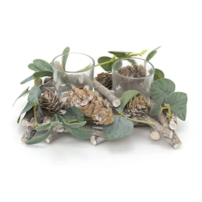 Image of 20cm Alpine Sage Double Christmas Tealight Candle Holder Twin Garland Tea Light Centerpiece