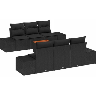 Image of vidaXL 7 Piece Garden Sofa Set with Cushions Black Poly Rattan Acacia