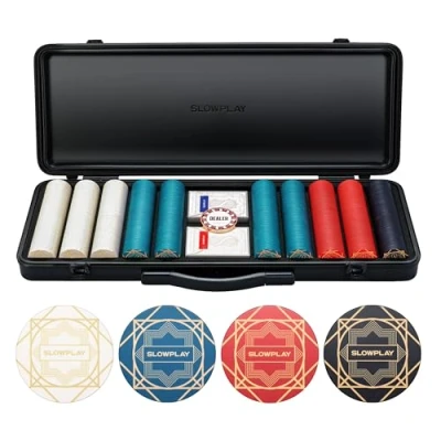 Image of SLOWPLAY Nash 500 PCS Ceramic poker chips Set for Texas Hold’em 10g without values Deluxe chip case 2x Plastic Playing Card Decks, waterproof Luxury Dealer Button